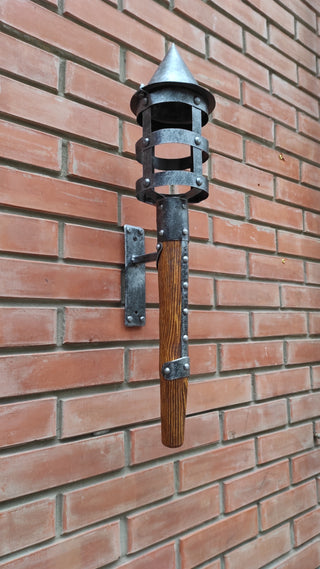 Hand Forged Wrought Iron Wall Sconce: Medieval Viking Torch with Wood Handle