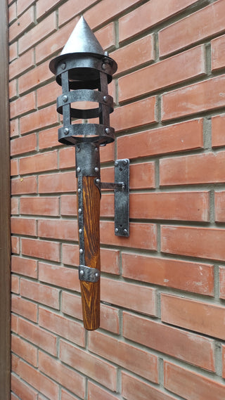 Hand Forged Wrought Iron Wall Sconce: Medieval Viking Torch with Wood Handle