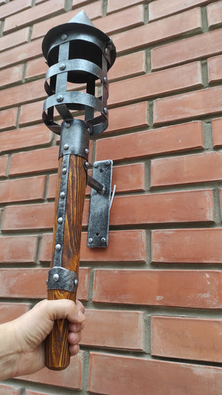 Hand Forged Wrought Iron Wall Sconce: Medieval Viking Torch with Wood Handle