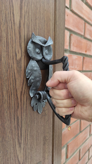 Hand Forged Owl Door Handle: Wrought Iron Barn Door Pull