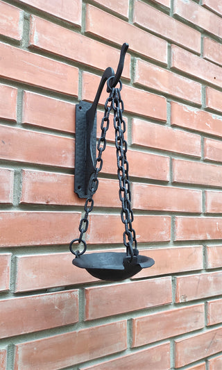 Hanging candlestick bowl on a chains, wrought iron candle holder, black matte candlestick