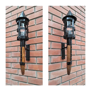 Wall sconce torch with a wooden handle in medieval, Viking style, Wall light handcrafted