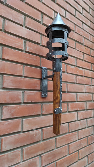 Hand Forged Wrought Iron Wall Sconce: Medieval Viking Torch with Wood Handle