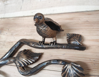 Wrought Iron Toilet Paper Holder: Bird on Branch, Dark Bronze
