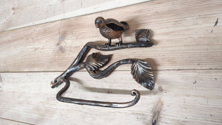 Wrought Iron Toilet Paper Holder: Bird on Branch, Dark Bronze