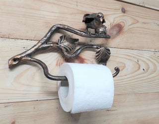 Wrought Iron Toilet Paper Holder: Bird on Branch, Dark Bronze