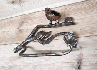 Wrought Iron Toilet Paper Holder: Bird on Branch, Dark Bronze