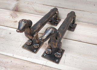 Set of door handles, Dachshund, Dog barn door handle, door handle, metal handle, hand forged handle