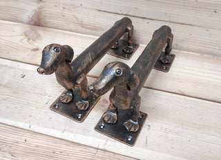 Set of Hand-Forged Dachshund Door Handles: Wrought Iron Dog Decor
