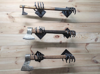 Handmade Iron Axe Wall Holder: Skeleton Hands Stand