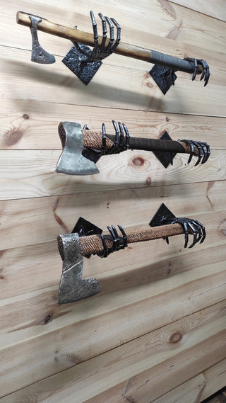 Handmade Iron Axe Wall Holder: Skeleton Hands Stand