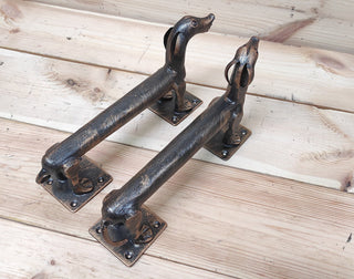 Set of door handles, Dachshund, Dog barn door handle, door handle, metal handle, hand forged handle