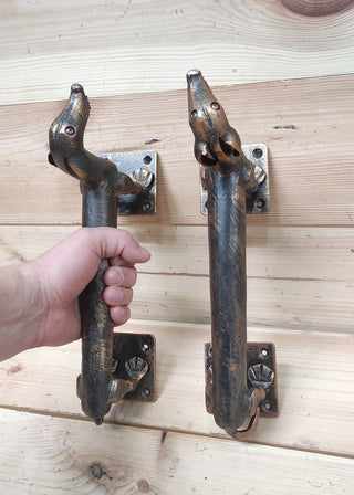 Set of Hand-Forged Dachshund Door Handles: Wrought Iron Dog Decor
