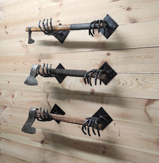 Handmade Iron Axe Wall Holder: Skeleton Hands Stand