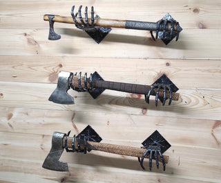 Handmade Iron Axe Wall Holder: Skeleton Hands Stand