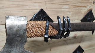 Handmade Iron Axe Wall Holder: Skeleton Hands Stand