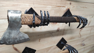 Handmade Iron Axe Wall Holder: Skeleton Hands Stand