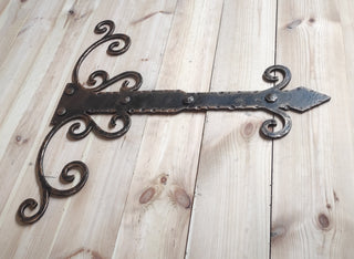 Hand Forged Decorative Door Hinge: Rustic Bronze Patina, 27.95"