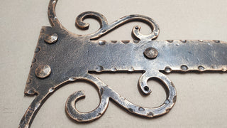 Hand Forged Decorative Door Hinge: Rustic Bronze Patina, 27.95"