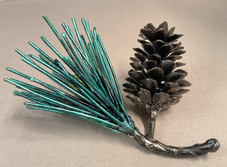 Handmade Forged Iron Pine Cone Sculpture: Metal Coniferous Branch Ornament
