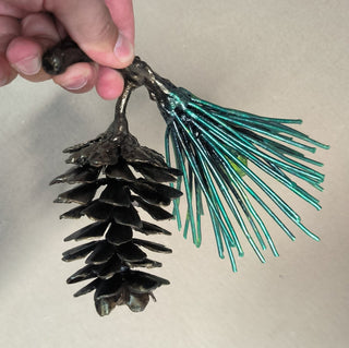 Handmade Forged Iron Pine Cone Sculpture: Metal Coniferous Branch Ornament