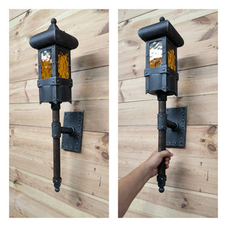 Hand Forged Medieval Torch Wall Sconce - Black Iron Lantern