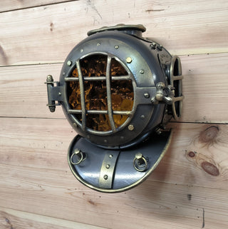 Handmade Diver's Helmet Wall Sconce: Amber Glass, Bronze Finish