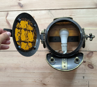 Handmade Diver's Helmet Wall Sconce: Amber Glass, Bronze Finish
