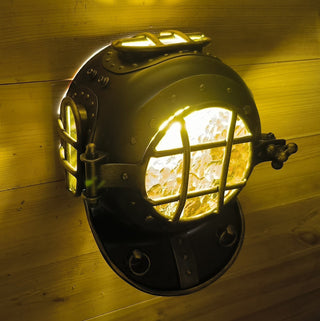 Handmade Diver's Helmet Wall Sconce: Amber Glass, Bronze Finish