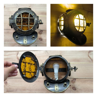 Handmade Diver's Helmet Wall Sconce: Amber Glass, Bronze Finish