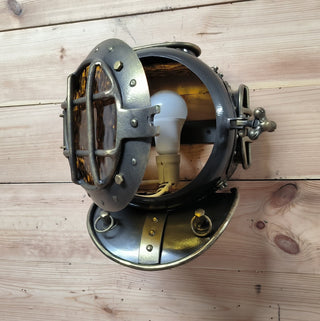 Handmade Diver's Helmet Wall Sconce: Amber Glass, Bronze Finish