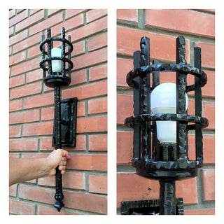 Hand Forged Medieval Torch Wall Sconce: Black Steel Light Fixture