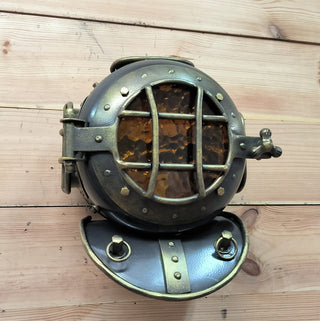 Handmade Diver's Helmet Wall Sconce: Amber Glass, Bronze Finish