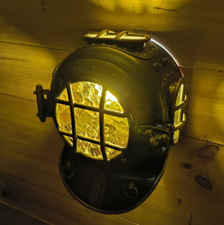 Handmade Diver's Helmet Wall Sconce: Amber Glass, Bronze Finish