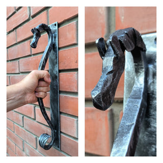 Door handle, horse door handle, metal handle, hand forged handle, barn door handle, door decor, wrought hardware, metal forged handle