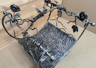 Hand Forged Wrought Iron Firewood Basket: Rose Accent Fireplace Storage