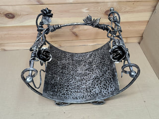 Hand Forged Wrought Iron Firewood Basket: Rose Accent Fireplace Storage