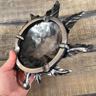 Forged Iron Ashtray: Handmade Metal Hemp Leaf Sculpture