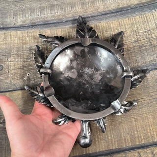 Forged Iron Ashtray: Handmade Metal Hemp Leaf Sculpture
