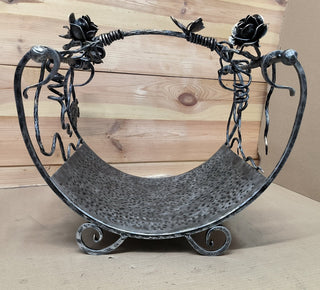 Hand Forged Wrought Iron Firewood Basket: Rose Accent Fireplace Storage