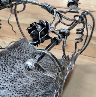 Hand Forged Wrought Iron Firewood Basket: Rose Accent Fireplace Storage
