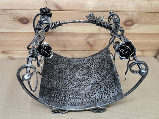 Hand Forged Wrought Iron Firewood Basket: Rose Accent Fireplace Storage