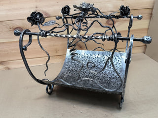 Hand Forged Wrought Iron Firewood Basket: Rose Accent Fireplace Storage
