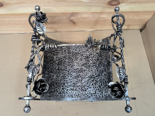 Hand Forged Wrought Iron Firewood Basket: Rose Accent Fireplace Storage