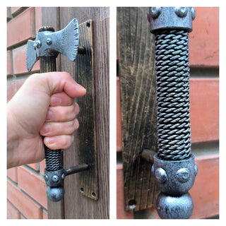 Forged Iron Axe Door Handle: Rustic Metal Gate/Barn Door Pull