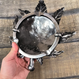 Forged Iron Ashtray: Handmade Metal Hemp Leaf Sculpture