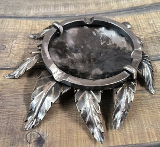 Forged Iron Ashtray: Handmade Metal Hemp Leaf Sculpture