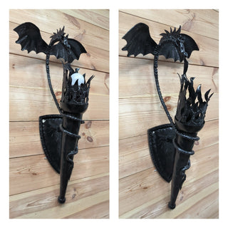 Dragon Torch Sconce: Black Metal Wall Light Fixture