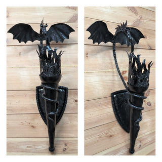 Dragon Torch Sconce: Black Metal Wall Light Fixture