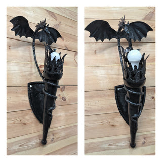 Wall light, Dragon light fixture, black metal sconce, dragon torch sconces